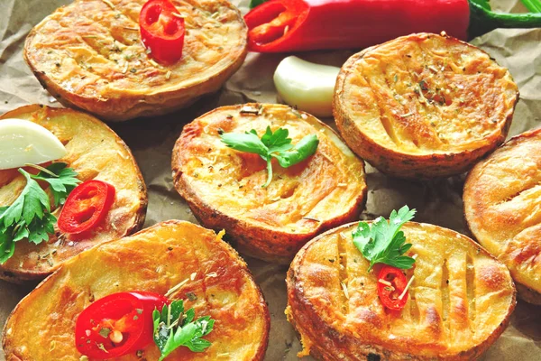 Utsökt Doftande Rosy Het Bakad Potatis Grillad Potatis Med Chili — Stockfoto