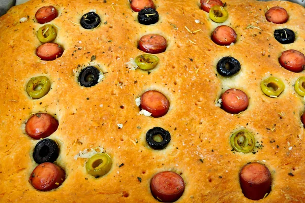 Freshly Baked Homemade Focaccia Italian Pastries Herbs — Stock Photo, Image