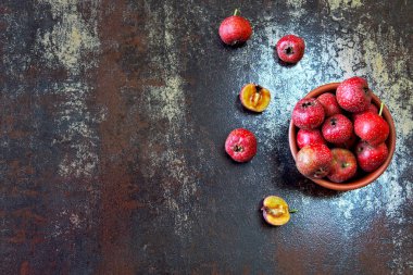 Şık eski püskü arka plan üzerinde seramik bir kasede alıç. Çilek alıç.