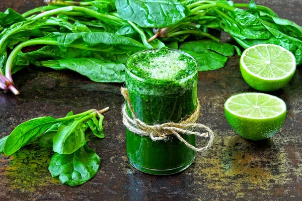 Batido Espinacas Con Jugo Lima Bebida Desintoxicante Con Espinacas Lima — Foto de Stock