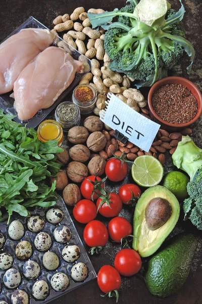 Set Useful Health Food Chicken Fillet Broccoli Avocado Nuts Quail — Stock Photo, Image