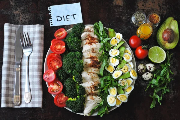 Plate with a keto diet food. A set of products for the ketogenic diet on a plate. Cherry tomatoes, boiled broccoli, steamed chicken breast, salad with arugula, avocado and quail eggs. Keto lunch.