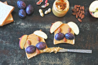 Fıstık ezmesi ve meyve ile hayvan yüz tost. Çocuklar için sağlıklı kahvaltı.