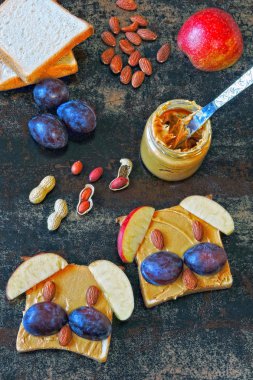 Fıstık ezmesi ve meyve ile hayvan yüz tost. Çocuklar için sağlıklı kahvaltı.