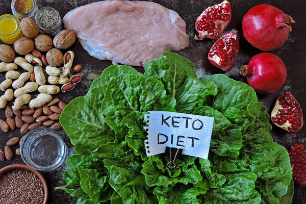 Keto diet concept. A set of products in raw form with green Romain lettuce, turkey breast, pomegranate, nuts, spices. Superfoods. Healthy eating concept. A note with the inscription Keto Diet.
