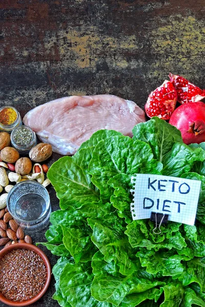 Keto diet concept. A set of products in raw form with green Romain lettuce, turkey breast, pomegranate, nuts, spices. Superfoods. Healthy eating concept. A note with the inscription Keto Diet.