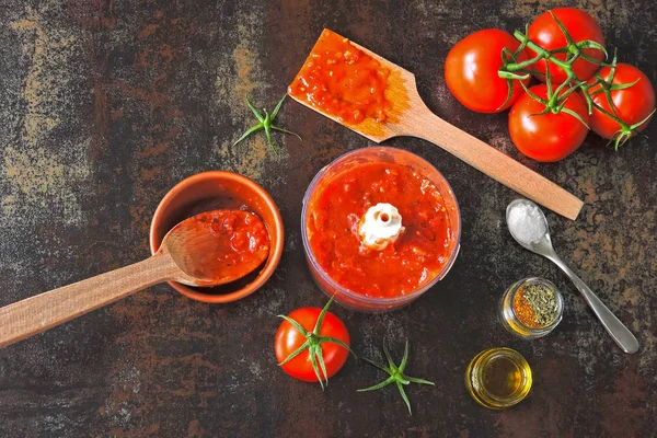 Freshly Made Homemade Tomato Sauce Flat Lay Tomato Sauce Jar — Stock Photo, Image