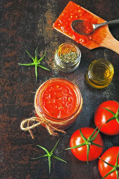Freshly Made Homemade Tomato Sauce Flat Lay Tomato Sauce Jar — Stock Photo, Image
