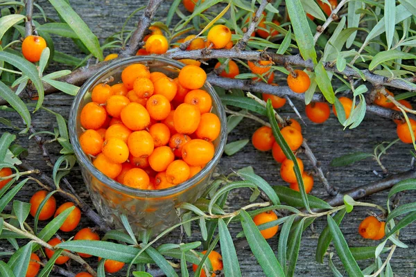 Beeren Und Blätter Des Sanddorns Auf Einem Hölzernen Hintergrund Die — Stockfoto