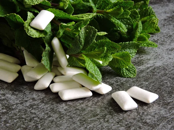 Fresh mint leaves and chewing gum pads.