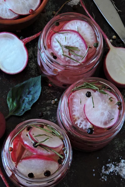 Fermentierter Rettich Glas Fermentiertes Gemüse Kochen Probiotika — Stockfoto