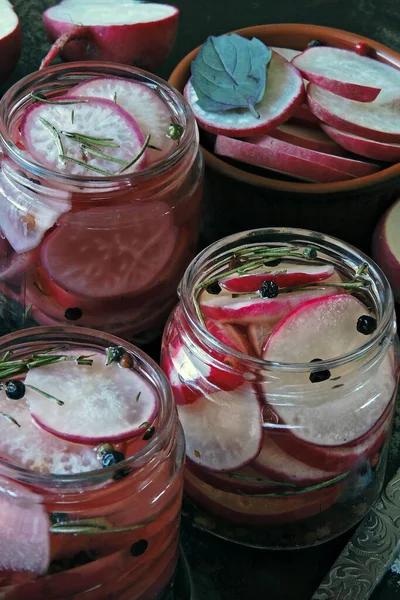 Fermentierter Rettich Glas Fermentiertes Gemüse Kochen Probiotika — Stockfoto