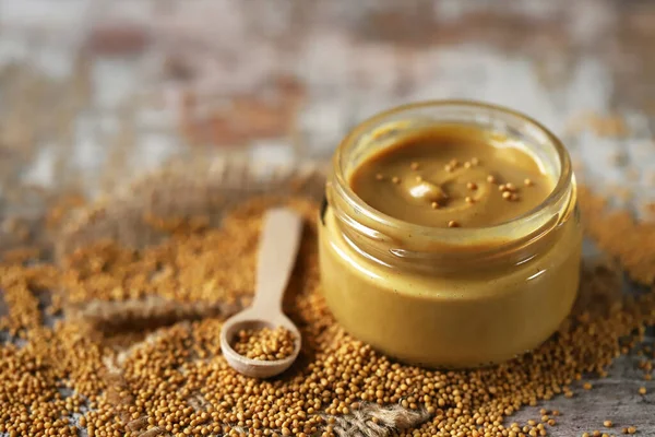Muştar Într Borcan Mustard Seeds Vegan Concept Dietă Sănătoasă Concentrare — Fotografie, imagine de stoc