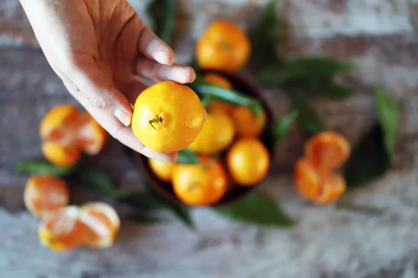 Hand Hält Mandarine Reife Mandarinen Mit Blättern Selektiver Fokus — Stockfoto
