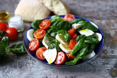 Mavi tabakta Caprese salatası. Domatesli, fesleğenli ve mozzarella soslu sağlıklı salata..
