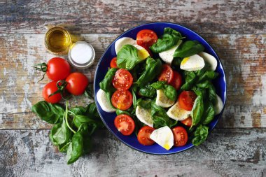 Çeri domatesli taze Caprese salatası. Fesleğenli ve mozarellalı sağlıklı salata. Diyet yemek. Keto diyeti.