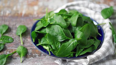 Taze ıspanak. Mavi bir tabakta ıspanak yaprakları yıkadım. Diyet kavramı.