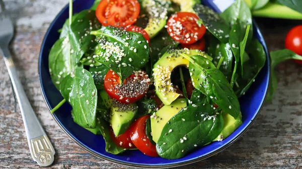 Salada Vegan Saudável Com Sementes Abacate Chia Salada Com Espinafre — Fotografia de Stock