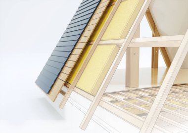 Gerçek resme tasarım çizimi - teknik detaylarla çatı inşaatı - 3B görüntüleme