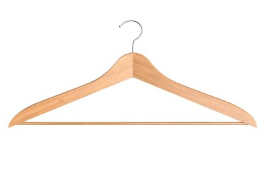 Beyaz üzerine izole edilmiş ahşap elbise askısı ön görünümü -- üç boyutlu görüntüleme