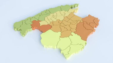Tüm alanlarla birlikte Mallorca haritası. Beyaz arkaplan üzerinde son derece detaylı, 3D görüntüleme