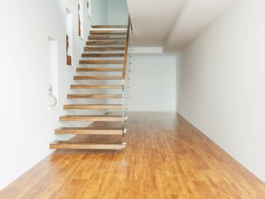 Boş daire--ahşap merdiven 3d render