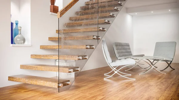 Seat group under wooden stairs -- 3D Rendering