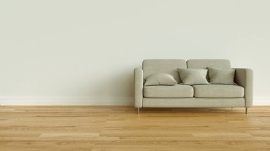 Parke zemin ve modern bir kanepe ile parlak oda - 3d render