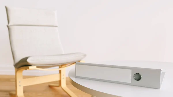 Pasta de arquivo em uma mesa moderna com cadeira no fundo em uma sala de luz - renderização 3D — Fotografia de Stock