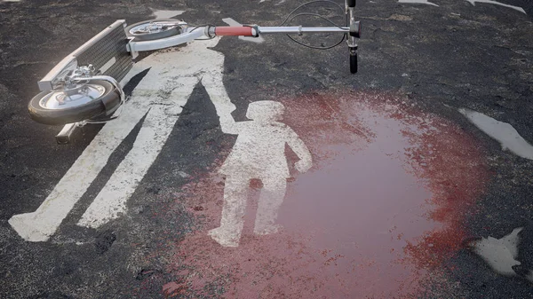 Accident with an e-scooter on a pedestrian lane with lots of blood - 3D rendering