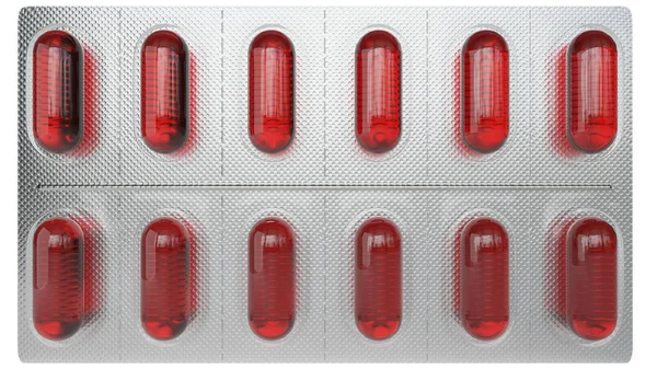 Capsules rouges en plaquette thermoformée - présentation des médicaments - rendu 3D — Photo