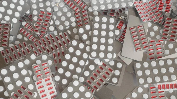 Many tablets and capsules in blisters on a pile - 3D Rendering — Stock Photo, Image