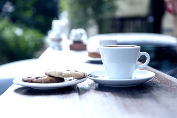 Detail Einer Tasse Kaffee Und Teller Mit Keksen — Stockfoto