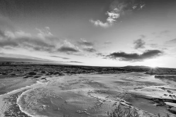 Pôr Sol Tundra Icelandênica Com Neve Gelo — Fotografia de Stock