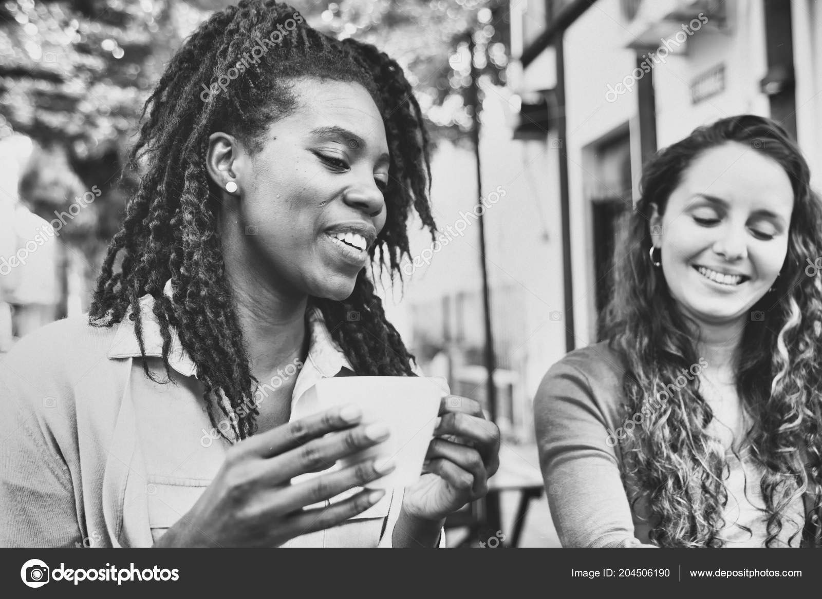 Young Girls Talk Drink Coffee Outsode Bakery Shop - Stock Photo, Image. 