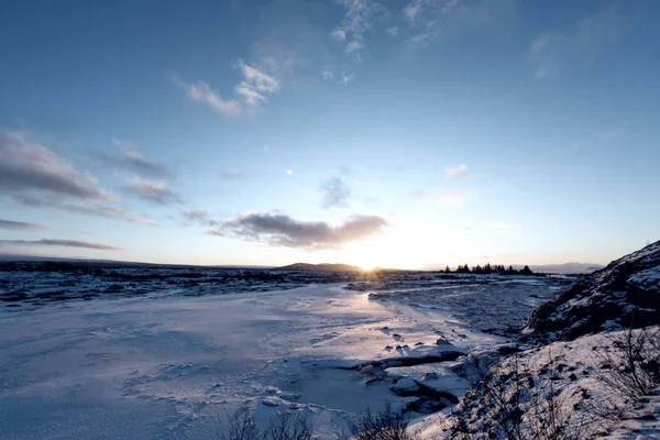 Solnedgång Icelandeic Tundra Med Snö Och — Stockfoto