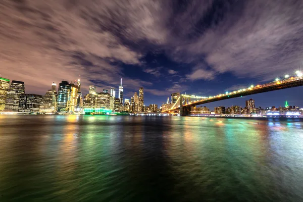 Manhattan Látképének Brooklyn Híd Éjszakai — Stock Fotó