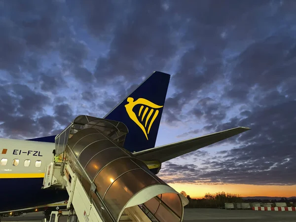 Πίζα Ιταλία Δεκεμβρίου 2018 Ryanair Αεροπλάνο Έτοιμο Αξιοποιήσει Κατά Ηλιοβασίλεμα — Φωτογραφία Αρχείου