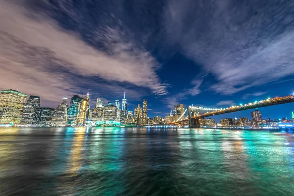 Skyline Manhattan Brooklyn Bridge Widok Nocny — Zdjęcie stockowe