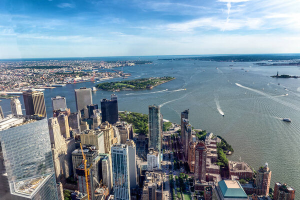 Aerial view of skyscrapers in lower Manhattan.