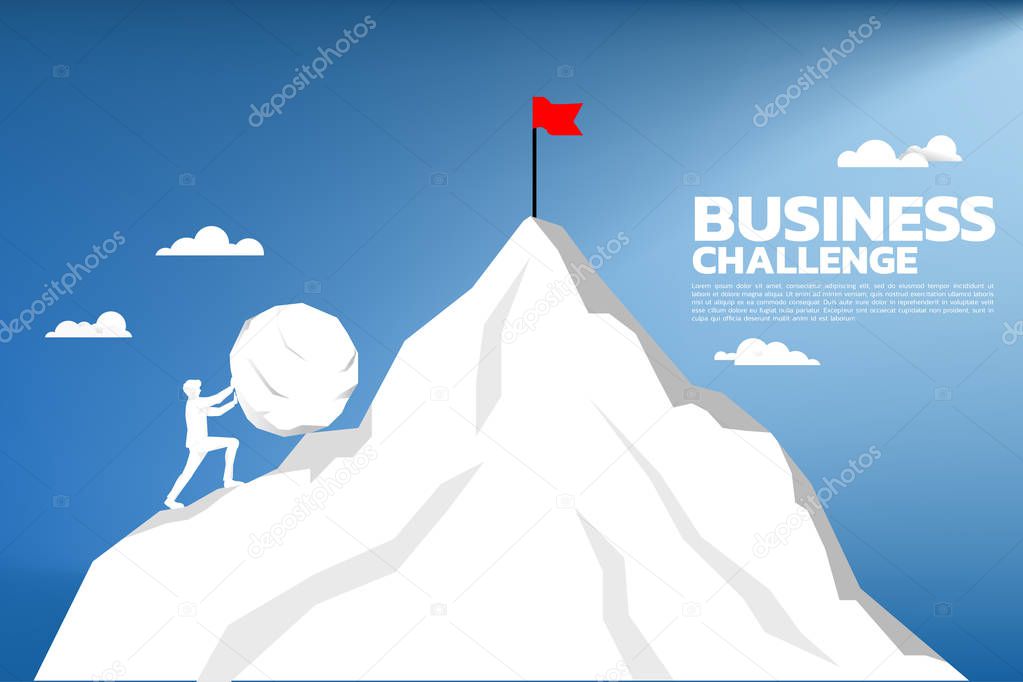 Silhouette of businessman pushing the big rock to the top of mountain. 