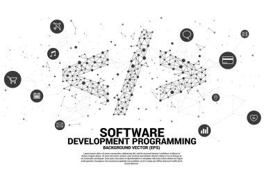 Nokta bağlantı hattı ve işlevsel yardımcı program simgesi ile Vektör yazılım geliştirme programlama etiketi. Programlama dil teknolojisi ve kodlama kavramı.