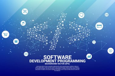 Nokta bağlantı hattı ve işlevsel yardımcı program simgesi ile Vektör yazılım geliştirme programlama etiketi. Programlama dil teknolojisi ve kodlama kavramı.