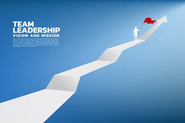 Silhouette d'homme d'affaires avec le drapeau rouge debout sur le haut du graphique. Concept d'affaires d'objectif, de mission, de vision, de réussite dans le cheminement de carrière . — Image vectorielle