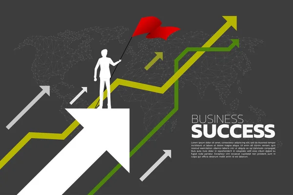 Silhouette des Geschäftsmannes mit der roten Fahne, die mit Wachstumsdiagramm steht. Konzept des Wachstumsgeschäfts, Erfolg im Karriereweg. PrintSilhouette des Geschäftsmannes mit der roten Fahne, die mit Wachstumsdiagramm steht. — Stockvektor
