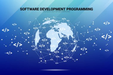 Gelişim etiketi çokgen nokta bağlantılı World Globe. Dil teknolojisi ve kodlama için programlama kavramı.