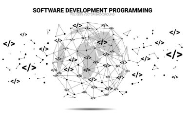Gelişim etiketi çokgen nokta bağlantılı World Globe. Dil teknolojisi ve kodlama için programlama kavramı.