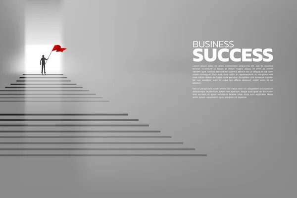 Silhouette of businessman with the red flag standing at the door on the top of stair. Concept of growth business, Success in Career path. — Stock Vector