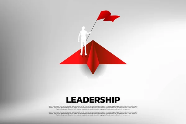 Silhouette d'homme d'affaires avec drapeau sur avion en papier origami. Concept d'entreprise de leadership et mission de vision . — Image vectorielle