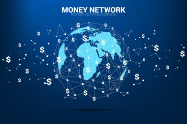 Para dolu ikon çokgenli Dünya Küresi. Noktalı çizgi. Finansal ağ bağlantısı kavramı.